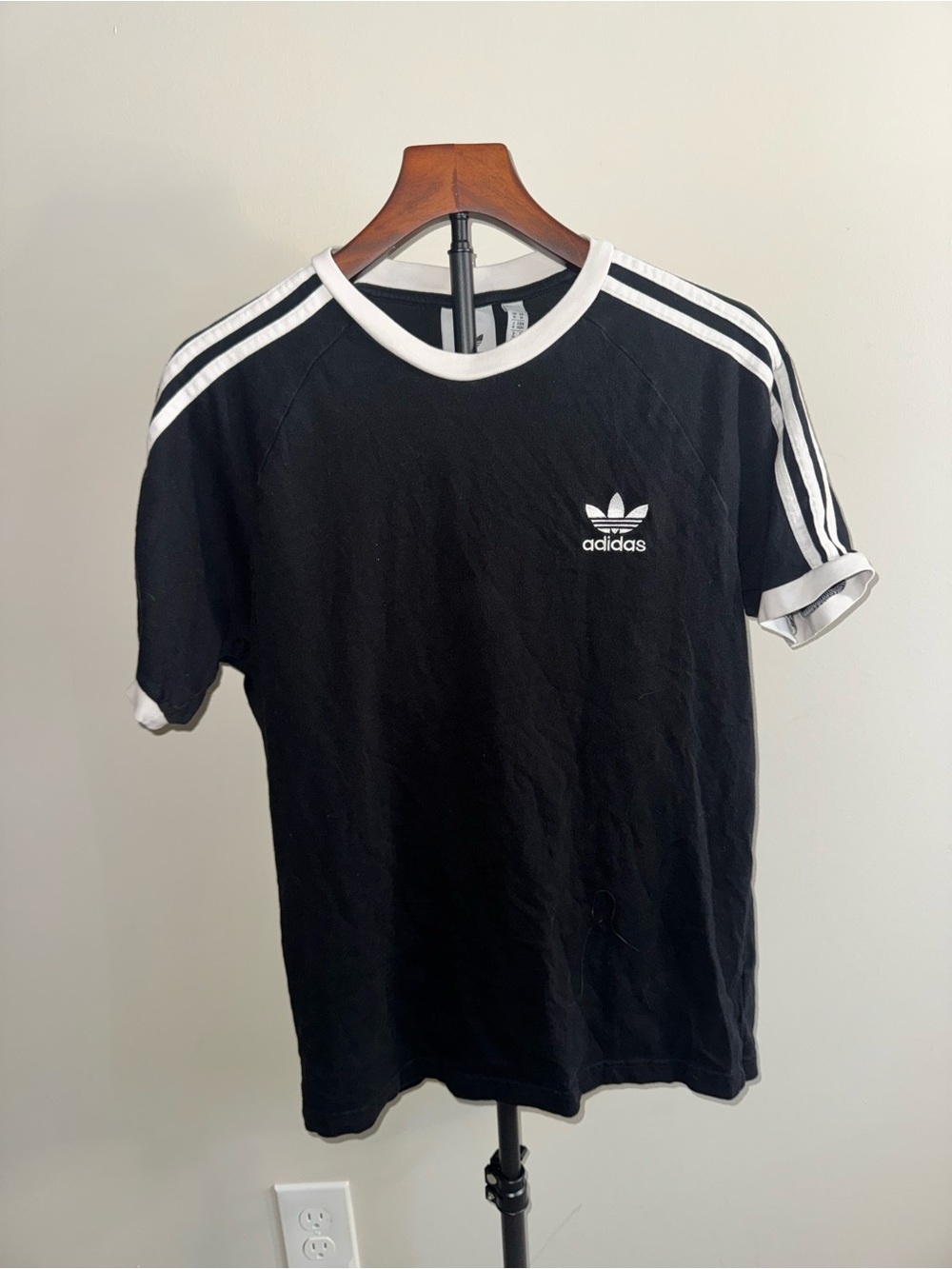 adidas Black T-Shirt with White Stripes & Trefoil Logo